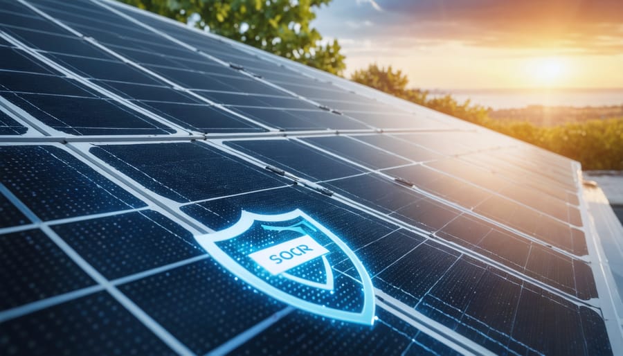 An image showcasing a solar panel with certification labels like UL and IEC, surrounded by a symbolic protective shield, illustrating the safeguarding role of certifications in solar investments.