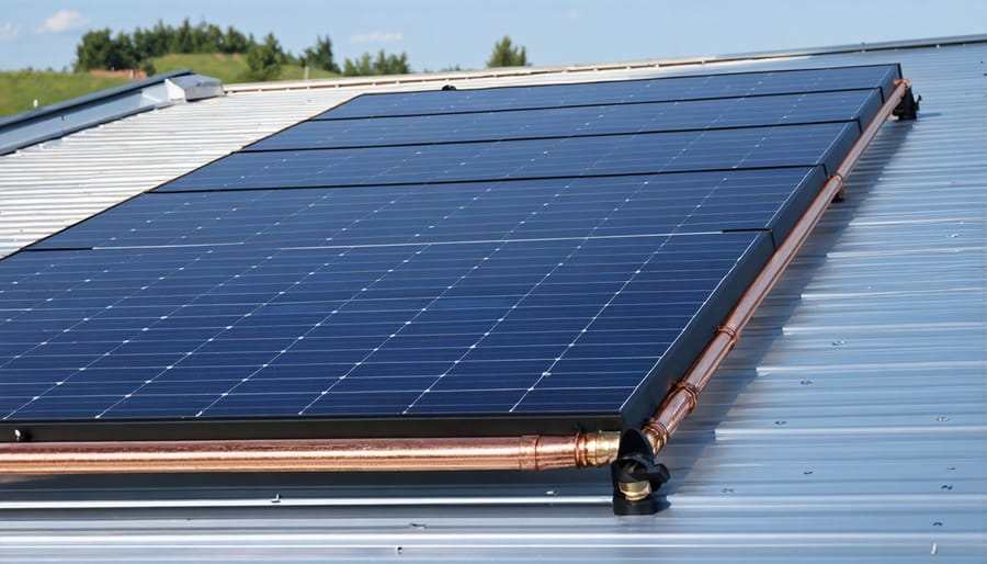 Installed solar collector panel on residential rooftop showing internal components