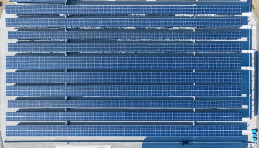 Aerial photograph of solar panels powering a coastal desalination plant
