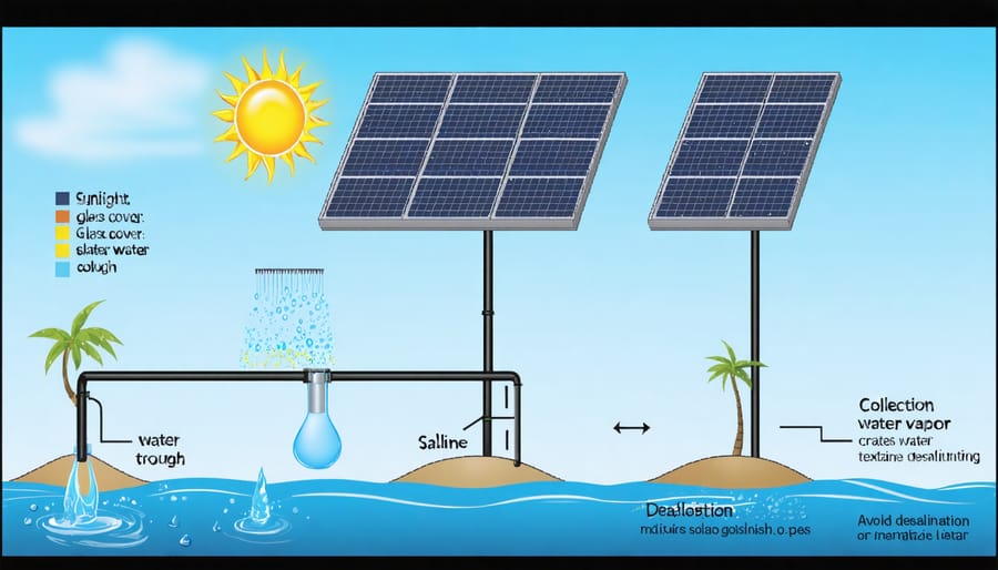 Technical diagram illustrating how solar desalination converts saltwater to freshwater