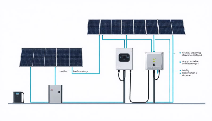 Technical diagram illustrating the key components and connections in a solar EV charging system