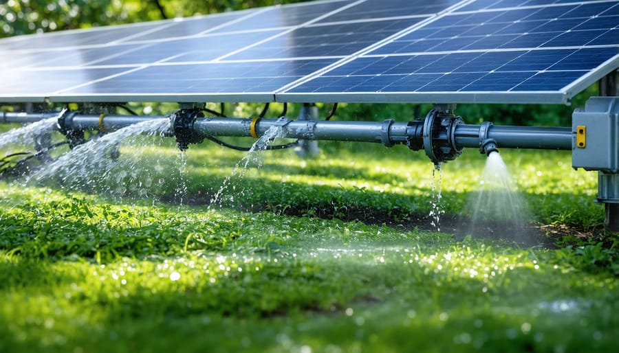 Residential garden with solar panels and active irrigation sprinklers