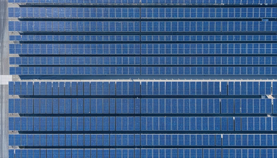 Bird's eye view of solar panel array installation with visible mounting structures and prepared ground surface