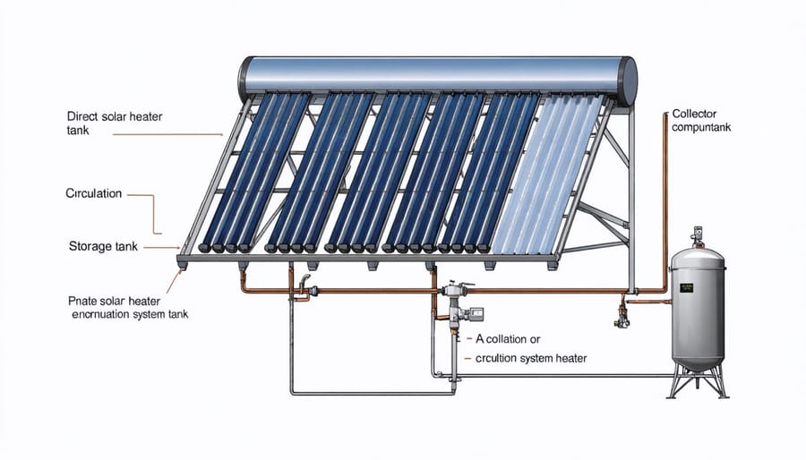 Technical diagram of direct solar water heater system components and water flow