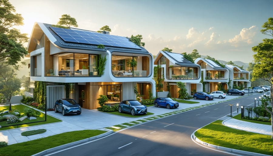 A futuristic neighborhood showcasing homes with perovskite solar tiles and transparent solar windows, connected by a smart microgrid; electric cars are parked, representing renewable energy integration.