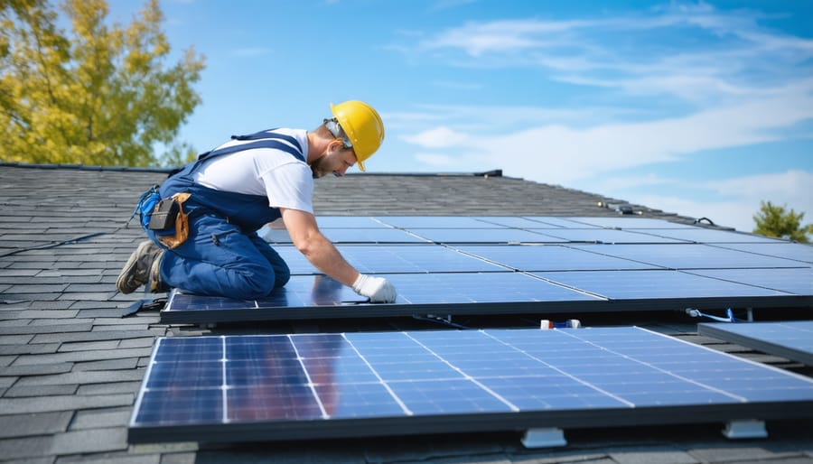 Professional solar technician inspecting rooftop solar panel installation
