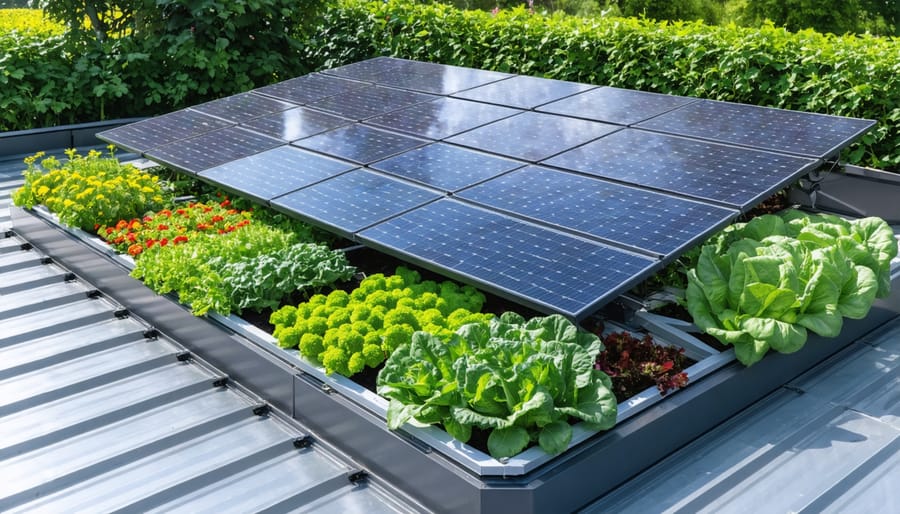 Urban rooftop garden featuring solar panels positioned above growing vegetables, demonstrating dual-use space efficiency