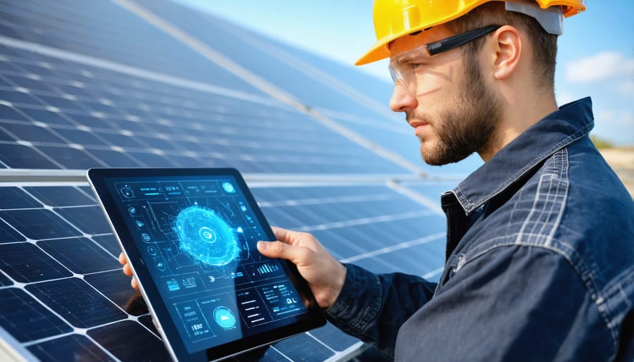 Maintenance technician analyzing solar performance data on digital monitoring system