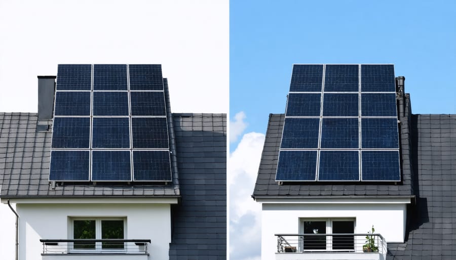 Visual comparison showing traditional dark silicon panels next to newer perovskite solar panels on neighboring houses