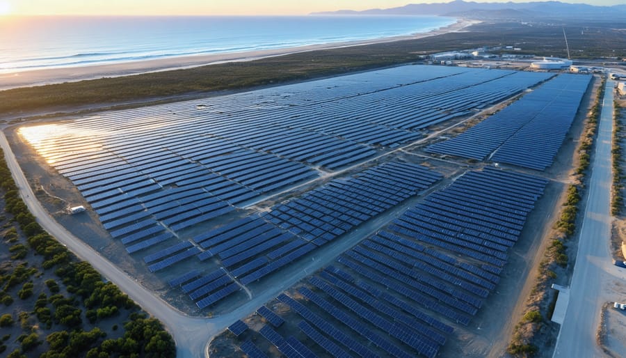 Aerial view of an extensive solar-powered desalination plant located on the U.S. coastline, showcasing solar panel arrays integrated with advanced desalination infrastructure, emphasizing the sustainable conversion of seawater to freshwater.