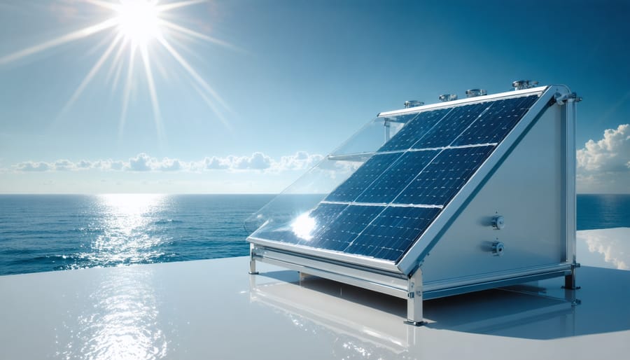 Illustration of a solar desalination kit set up outdoors, harnessing sunlight to convert saltwater into potable water, emphasizing sustainability and innovation.