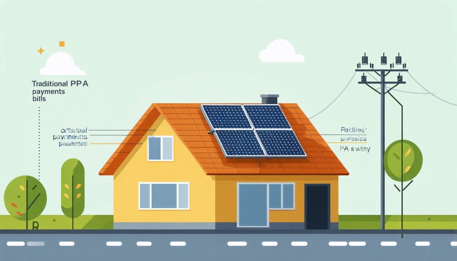 Split image showing home with solar panels and cost comparison graph between utility and PPA rates