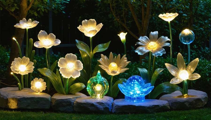Nighttime garden display featuring multiple glowing solar-powered art pieces including flowers and animal sculptures