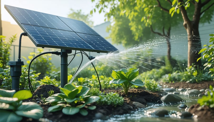 Solar-powered smart irrigation system with control panel and automated watering components