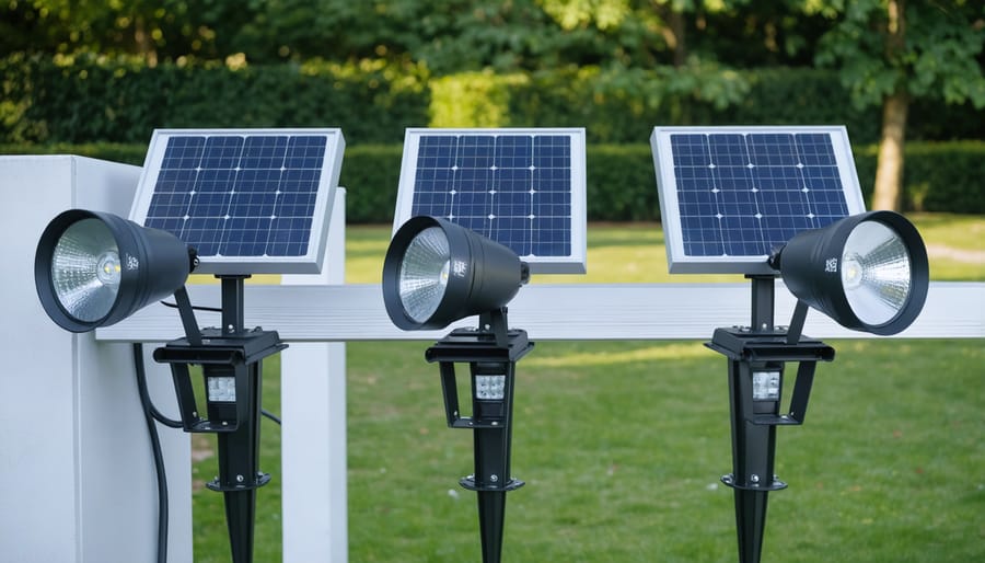 Solar spotlights being installed at various angles to illuminate a commercial workspace