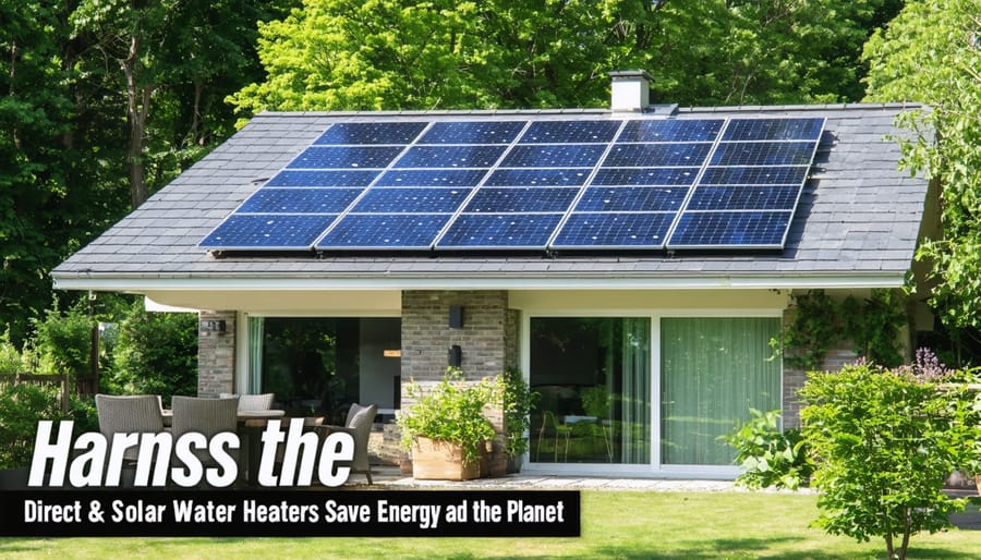 An eco-friendly home with solar panels on the roof surrounded by green landscape, symbolizing sustainable energy solutions through direct solar water heaters.