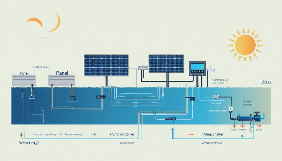 Technical diagram illustrating components and connections in a solar water pumping system
