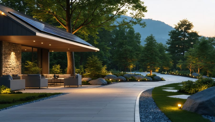 A beautifully landscaped garden path and driveway illuminated by modern solar lighting fixtures, showcasing energy-efficient and durable design in an outdoor workspace setting.