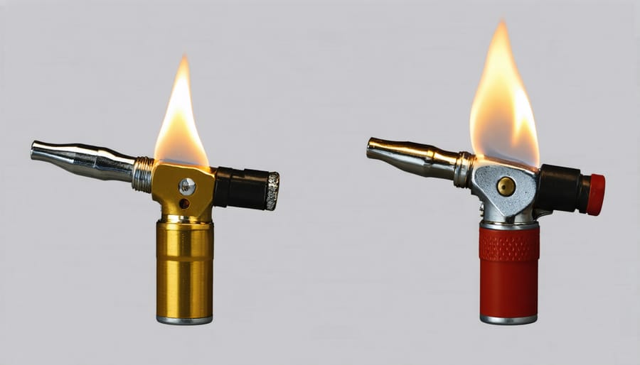 Different torch lighter flame patterns and sizes demonstrated side by side