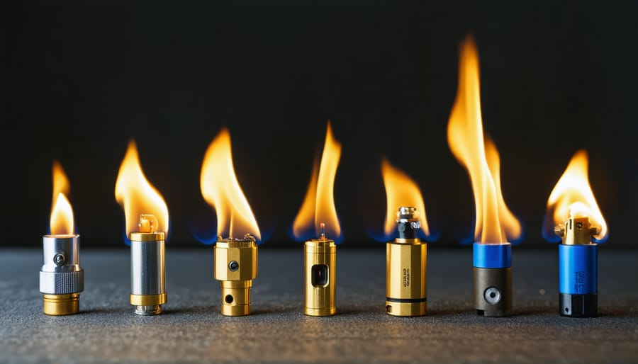 Various torch lighter ignition systems showing internal components and mechanisms