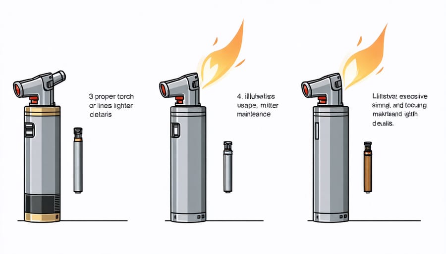 Infographic demonstrating key maintenance steps for torch lighters including cleaning and refueling