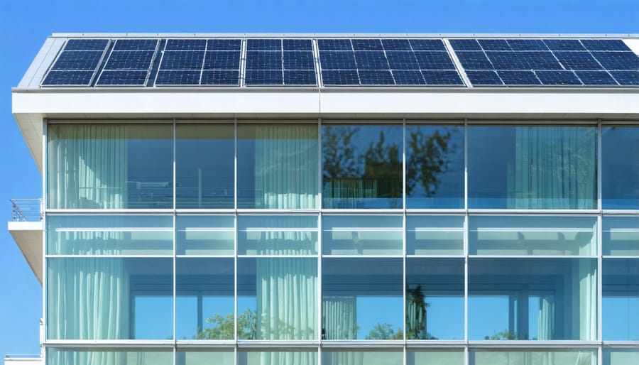 Office building featuring transparent solar panel windows with natural lighting