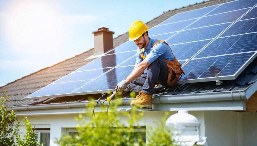 A professional solar installer working on a rooftop solar panel array, demonstrating expertise and trustworthiness in a sunny, green home environment.