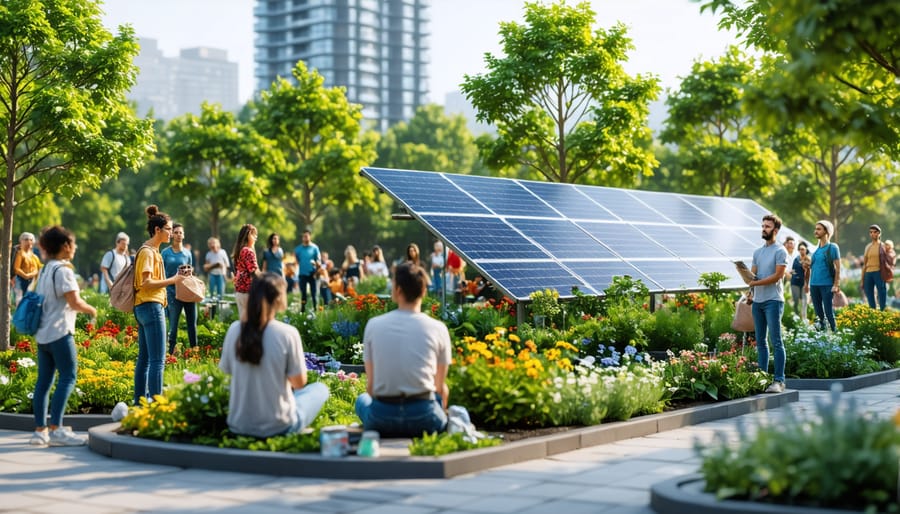 Large-scale solar array in an urban neighborhood with diverse community members viewing the installation