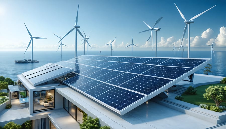 A futuristic landscape incorporating solar panels, wind turbines, and geothermal systems, illustrating the integration of various renewable energy sources for a sustainable future.
