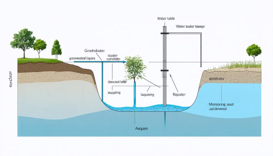 Illustration of underground water system layers including aquifers, bedrock, and monitoring points