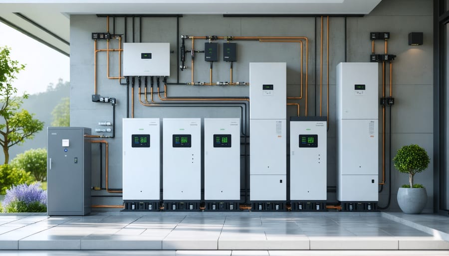Residential battery storage system showing Tesla Powerwall with smart monitoring interface