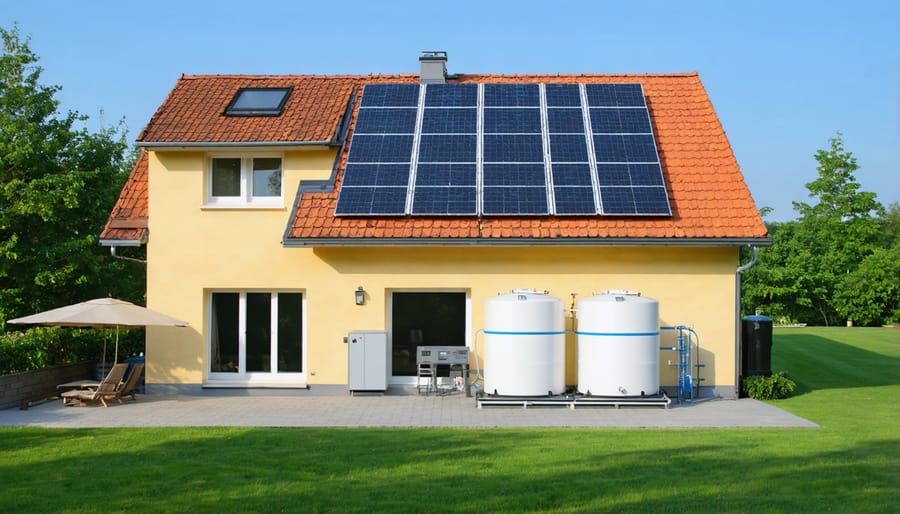 Modern house equipped with solar panels and hydrogen storage system for clean energy