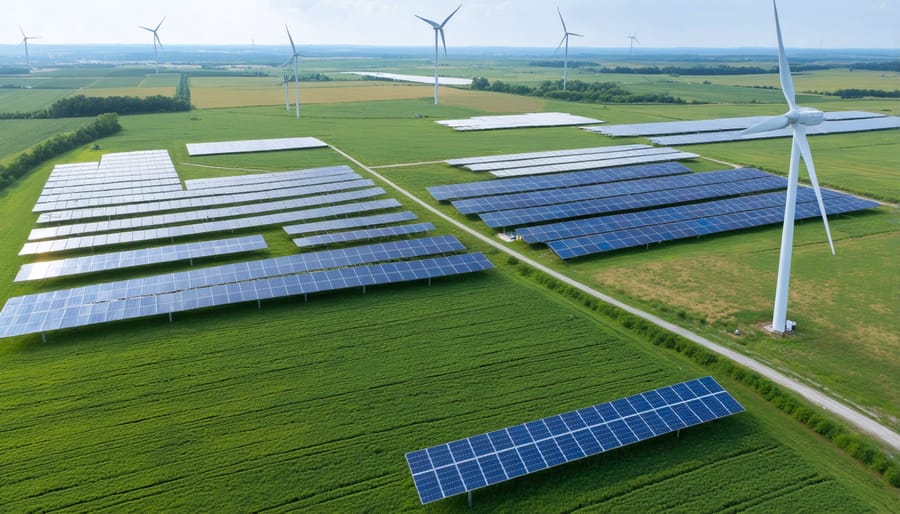 Modern wind turbines and solar panel array working together in a renewable energy installation