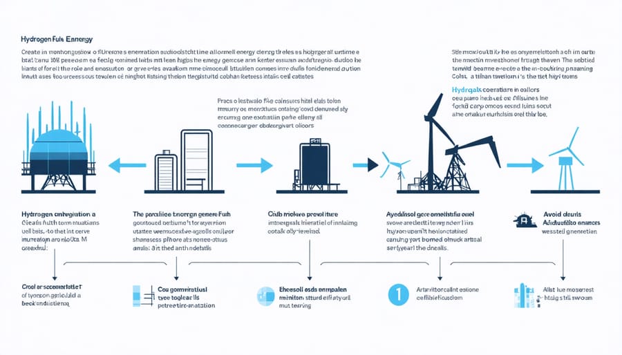 Step-by-step visualization of how hydrogen fuel cells convert hydrogen into electrical energy