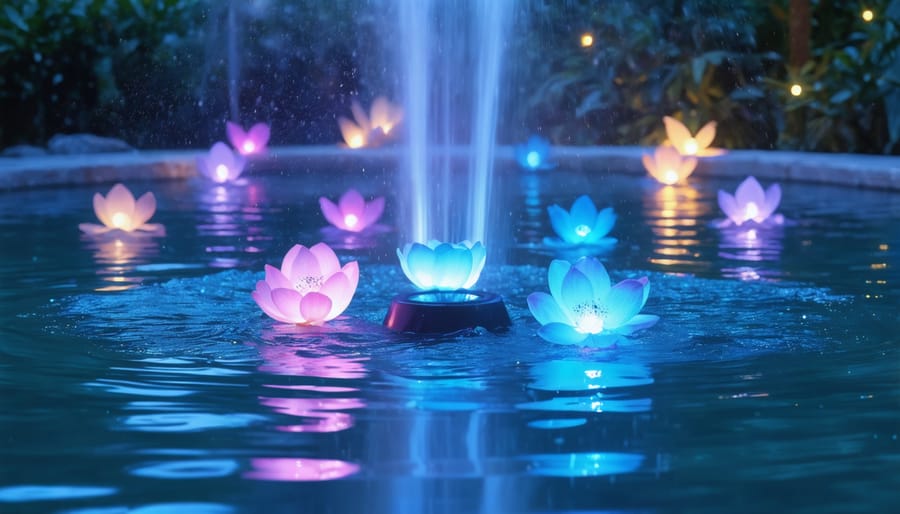 A garden fountain at night illuminated by floating solar-powered lights in various colors, creating a captivating display with reflections on the water's surface.