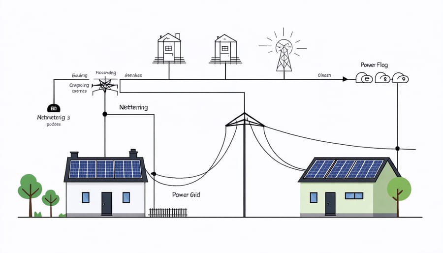Infographic showing how solar net metering works with power grid