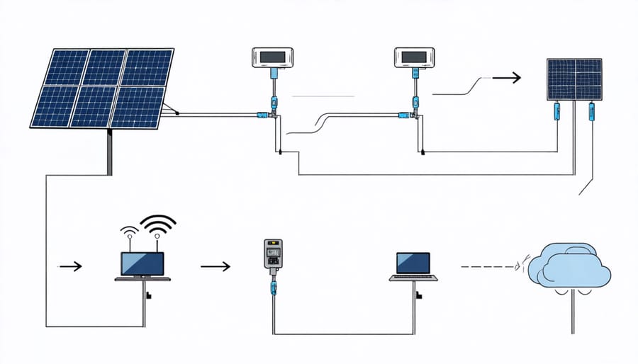 Technical illustration showing IoT sensor placement and installation steps on solar panels