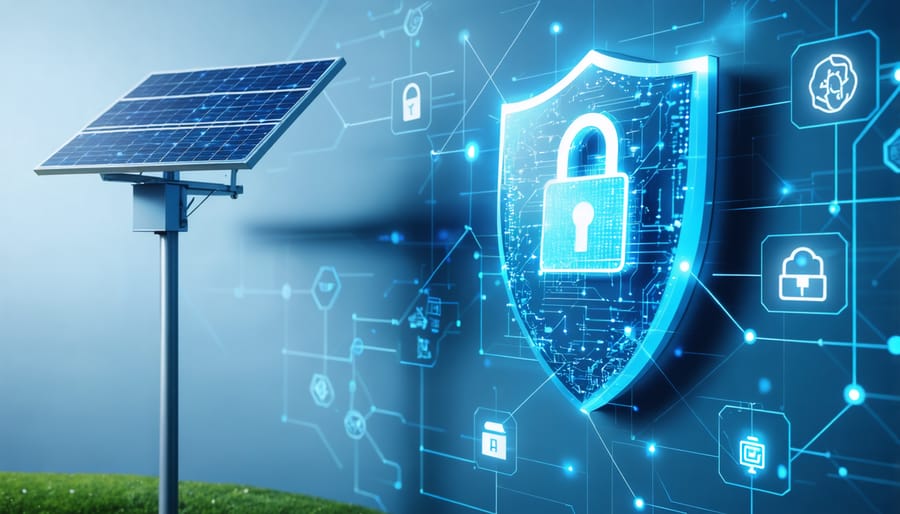 A conceptual image depicting a smart solar light with a digital shield overlay, surrounded by a network of icons symbolizing encryption and cybersecurity protection.