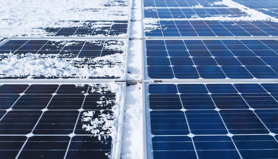 Side-by-side comparison of snow-covered and clean solar panels demonstrating energy production impact