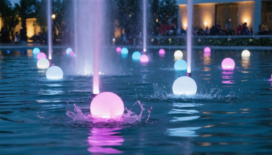 Garden fountain lit up by floating solar-powered lights in various colors