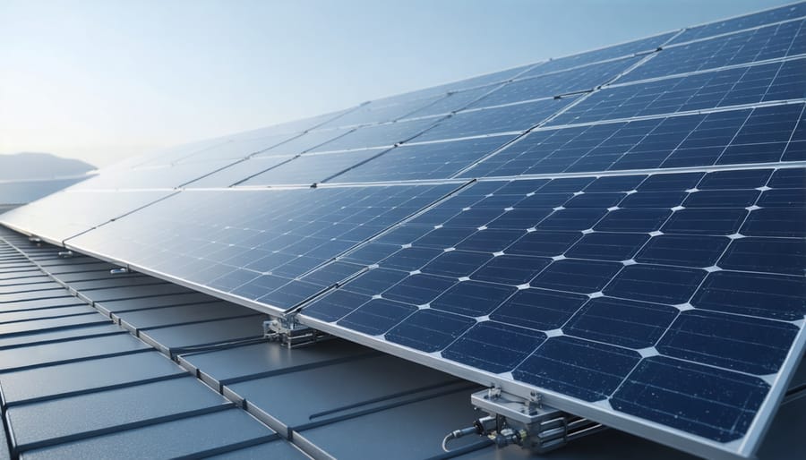 Modern solar panels with integrated hydrogen production system showing water electrolysis process