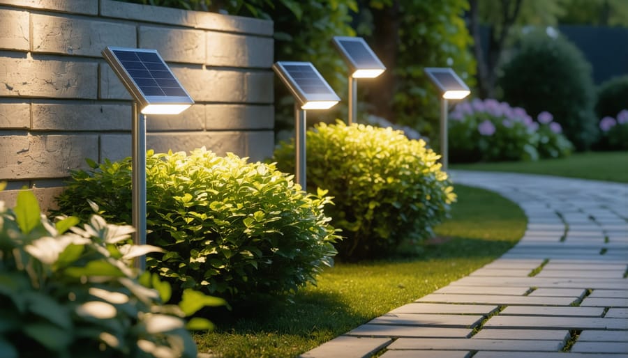 Solar landscape lights creating ambient illumination along a garden path
