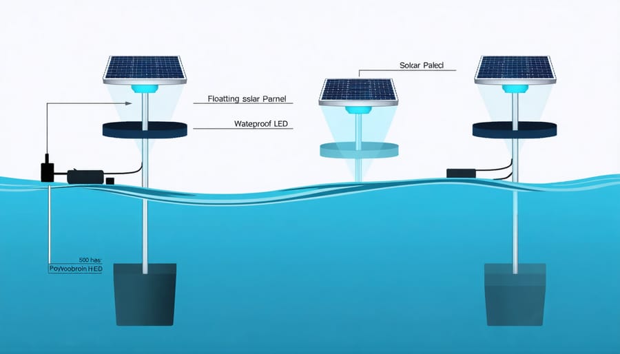 Cross-section diagram of floating solar light components and functionality