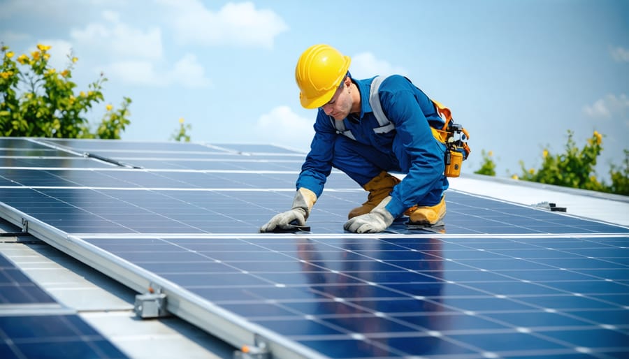 Professional solar technician inspecting and maintaining solar panels on a residential roof