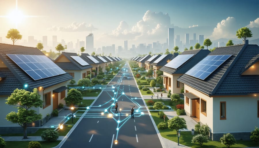 An illustration of a vibrant neighborhood powered by interconnected solar panels on rooftops, representing a solar microgrid system with community participation and sustainable energy flow.