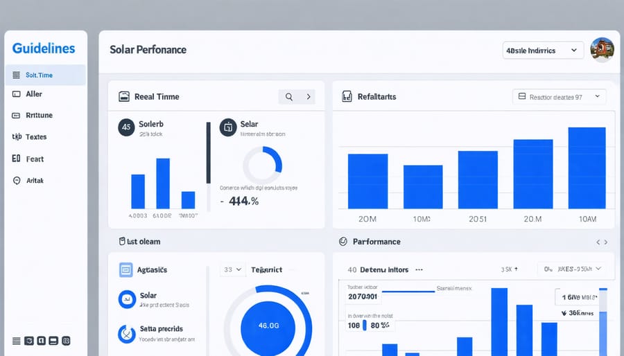 Digital monitoring dashboard displaying solar system performance graphs, weather data, and maintenance alerts