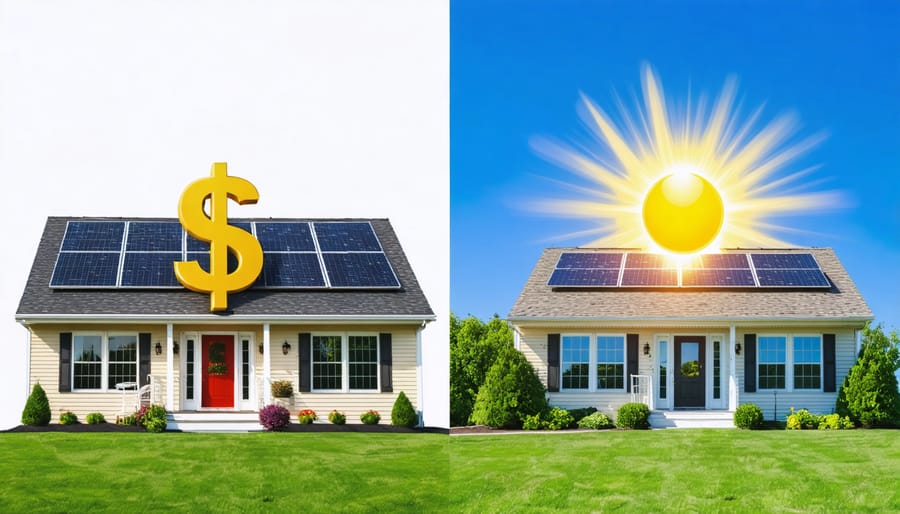 Split-screen graphic illustrating high upfront costs of purchasing solar panels compared to the zero upfront costs and financial benefits of leasing solar panels for homeowners.