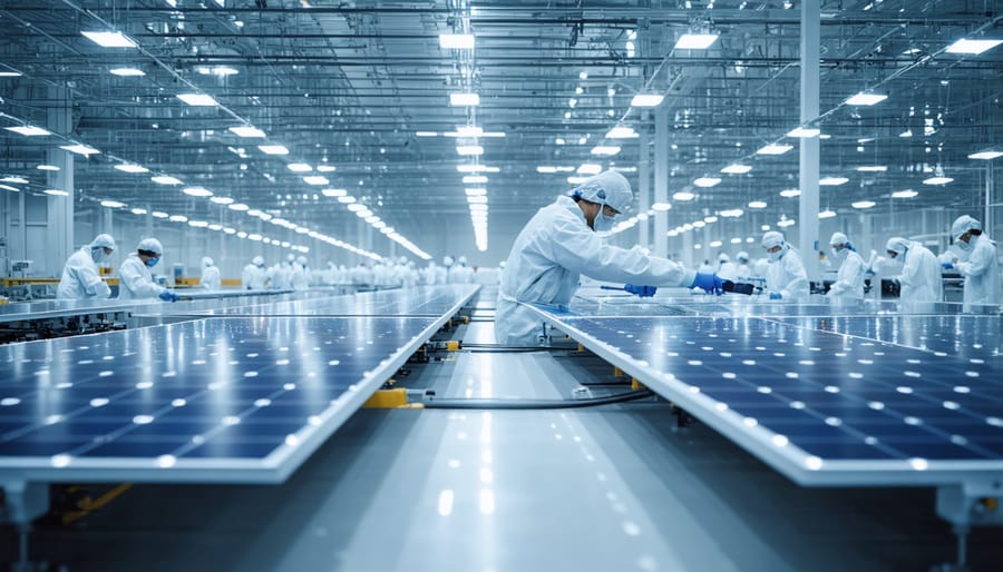 Industrial solar panel production line with technicians in protective gear