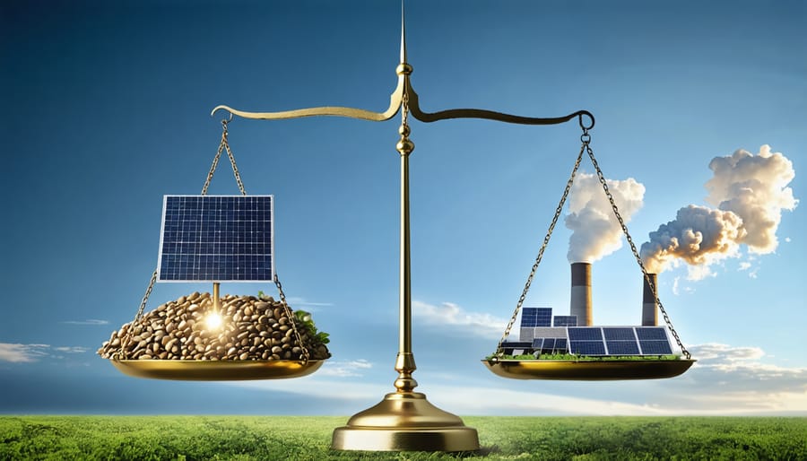 "Illustration of a balanced scale showing a solar panel and industrial emissions, representing the environmental trade-offs in solar panel manufacturing."