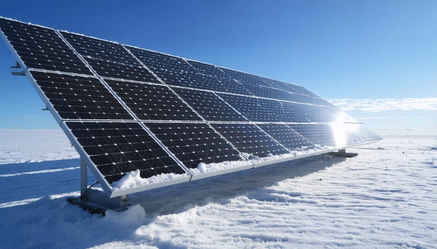 Two solar panels in a snowy landscape; one panel is clean and effective, while the other is covered in snow, illustrating the impact of snow on energy production.